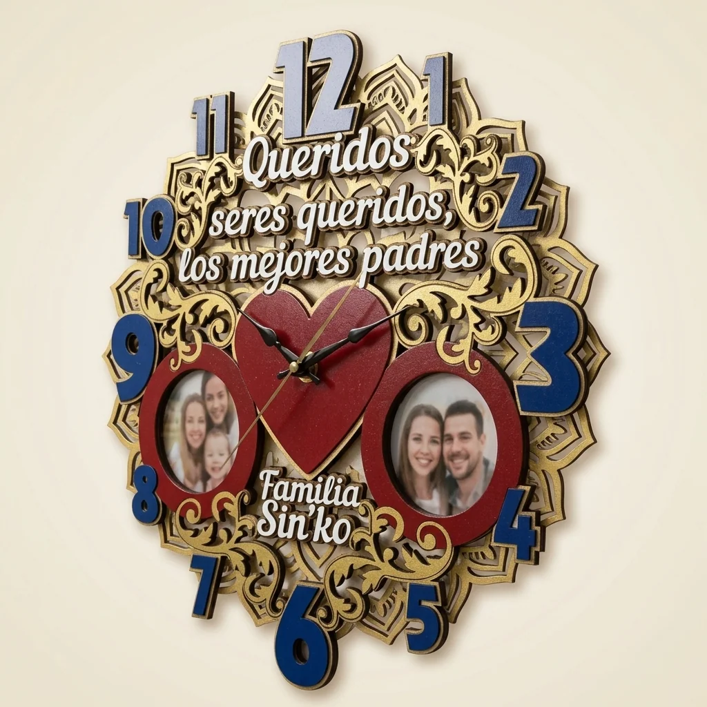 Reloj de pared familiar con dos marcos de foto y frase