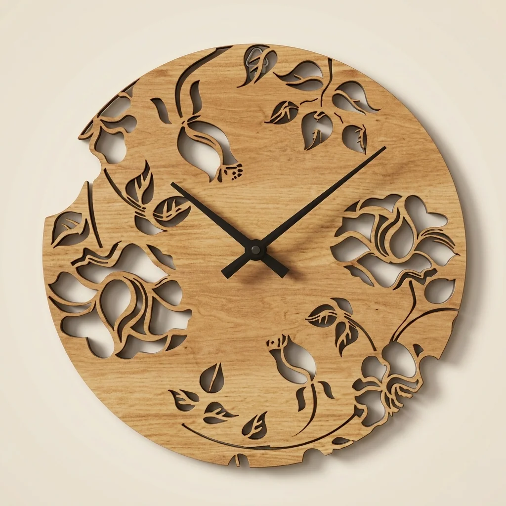 Reloj de pared circular con rosas caladas en madera