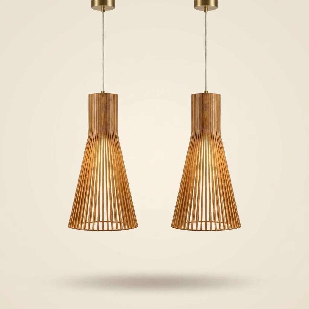 Lámpara colgante cónica con listones verticales en madera