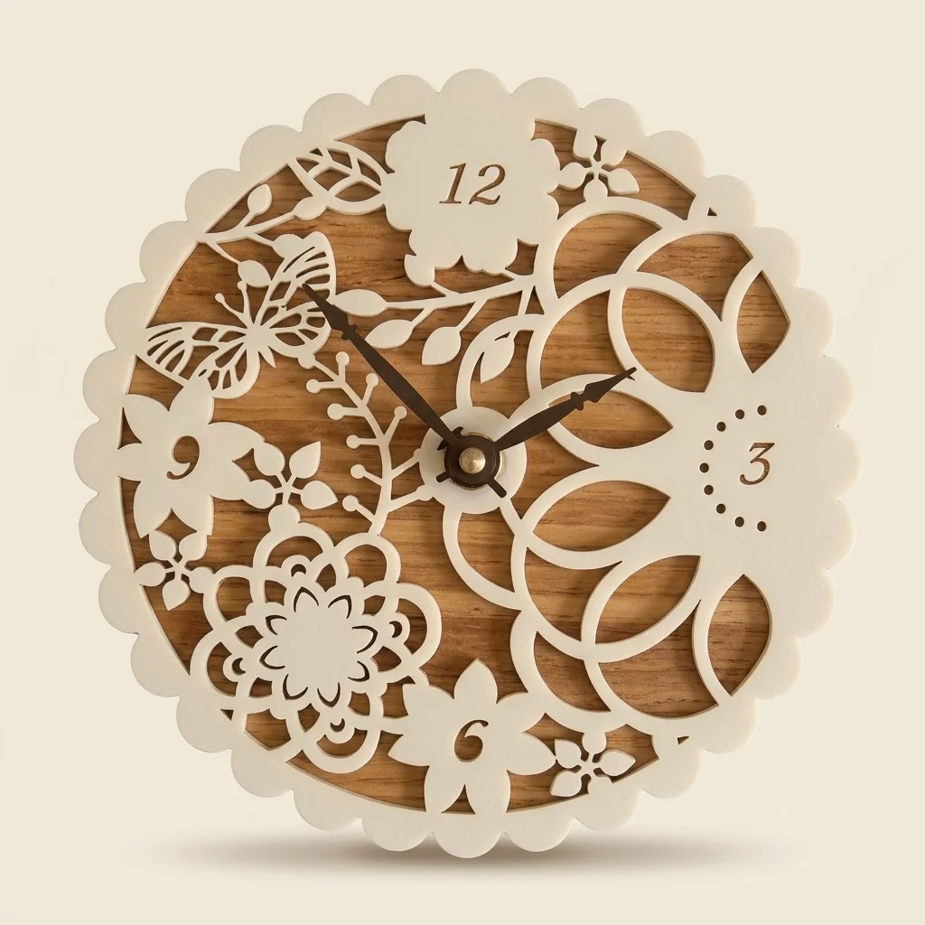 Reloj de pared circular con flores y mariposa caladas