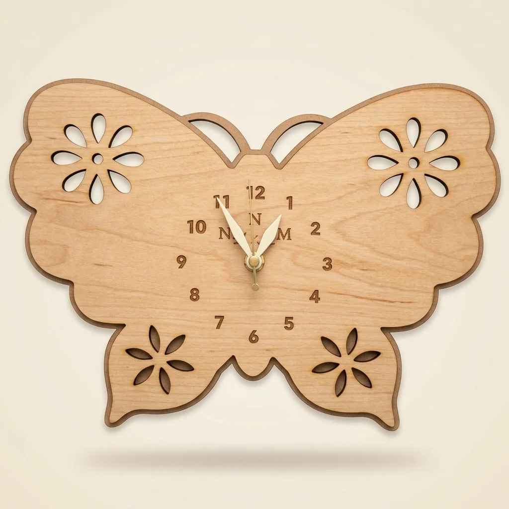 Reloj de pared mariposa con flores caladas en madera clara