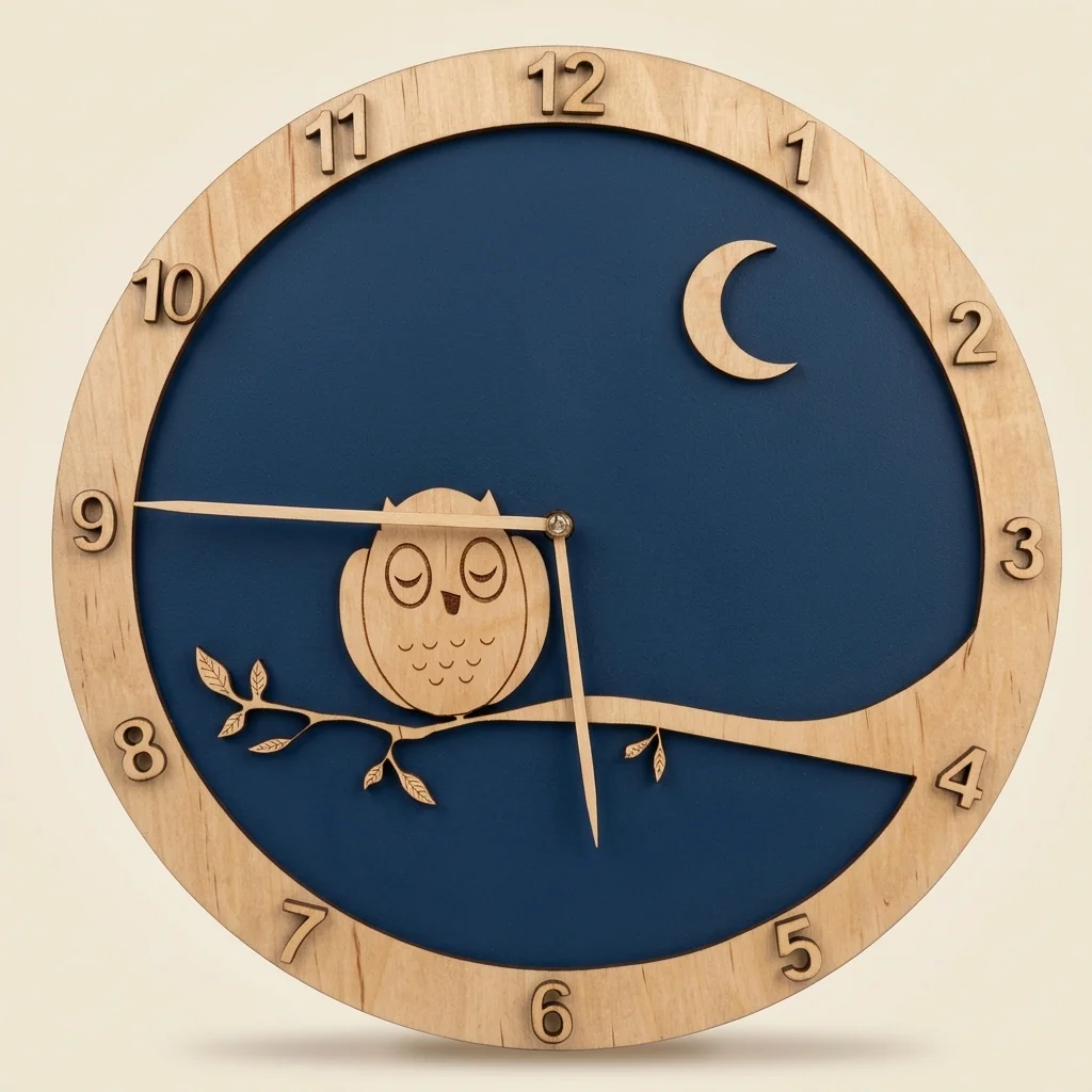 Reloj de pared con búho sobre rama y luna en azul