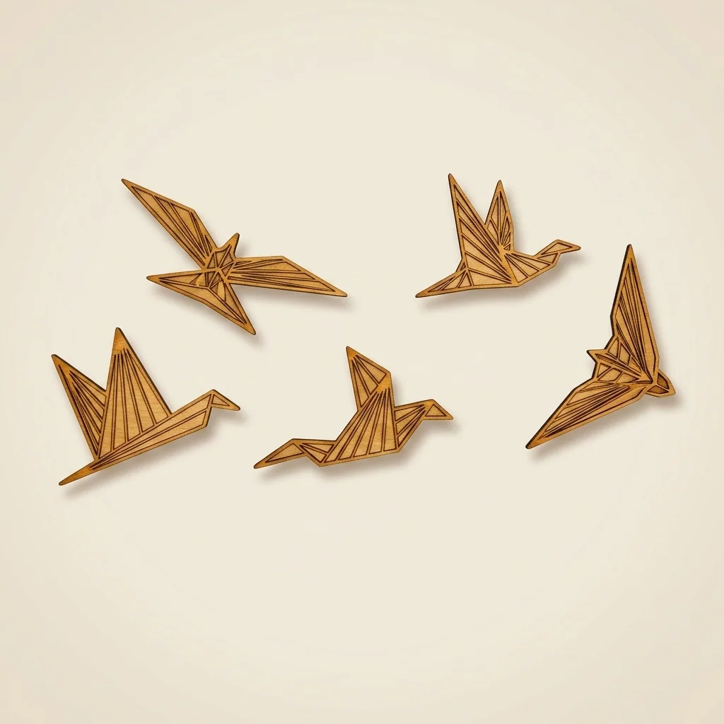 Set de cinco aves origami en madera para pared