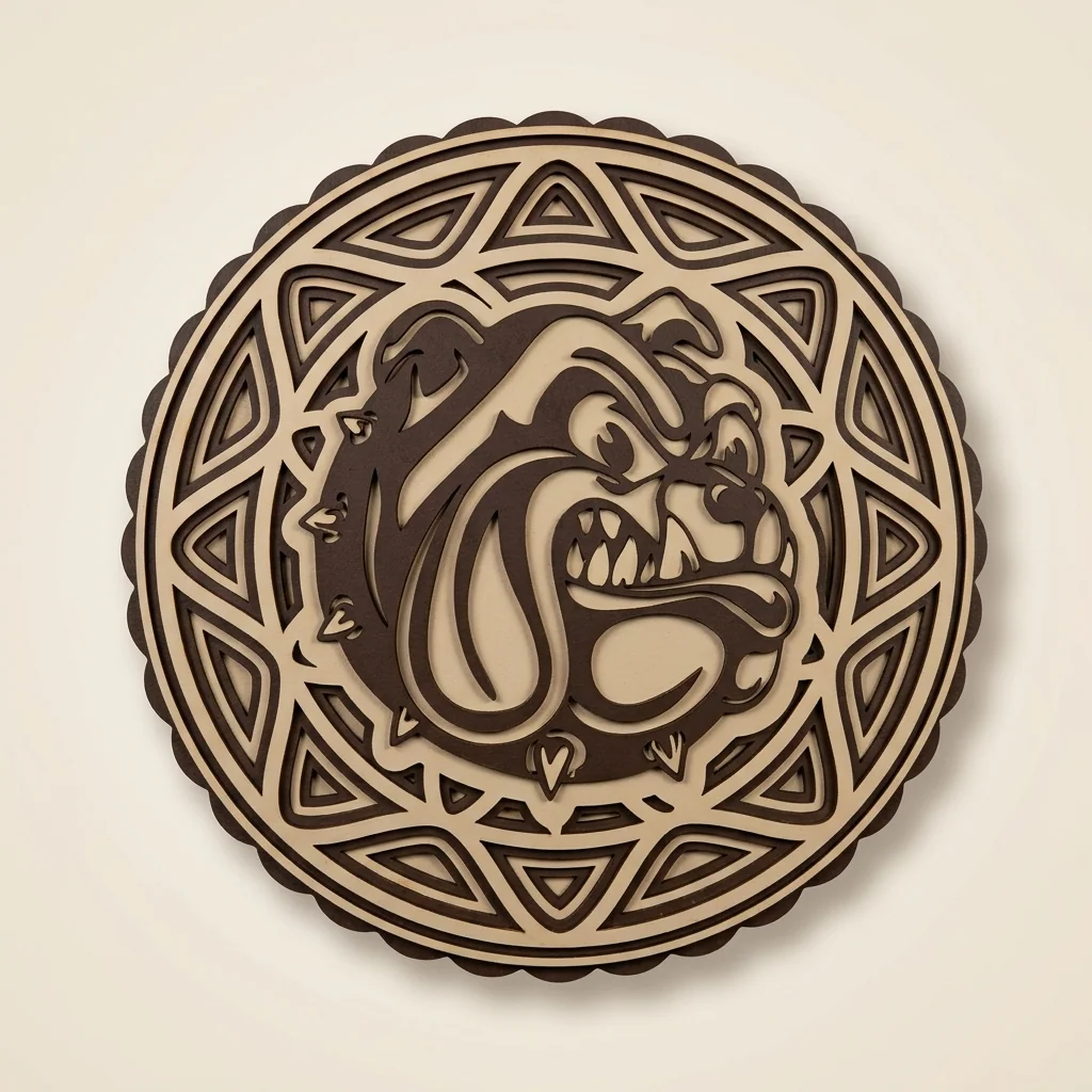 Cuadro bulldog inglés multicapa con mandala circular en madera