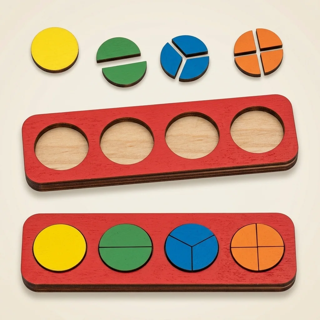 Juguete clasificador de fracciones por colores y formas