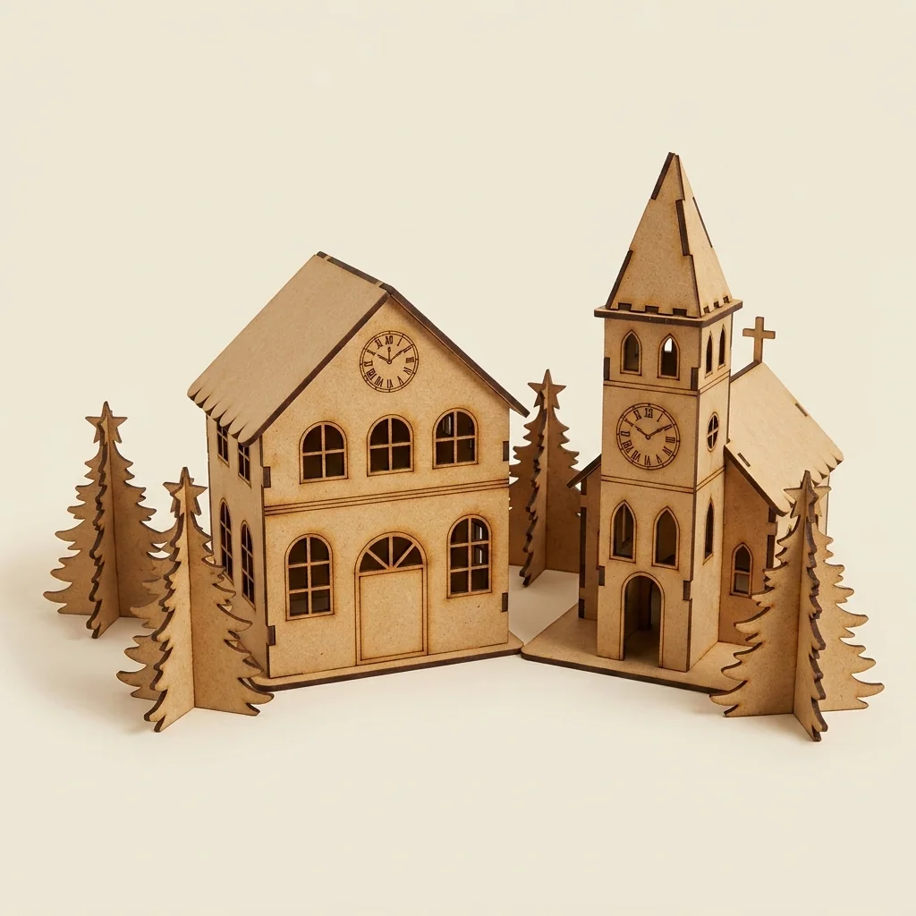 Pueblo navideño armable con iglesia y casa