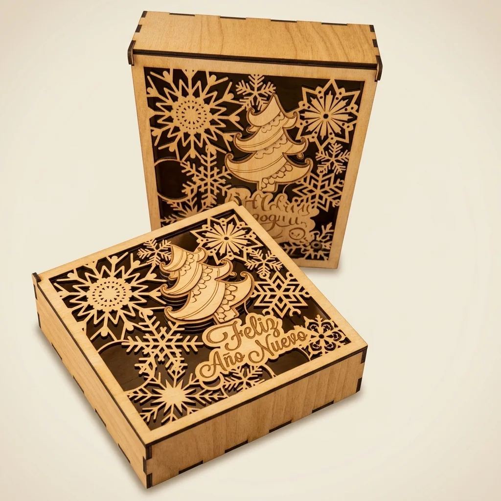 Caja navideña "Feliz Navidad" con árboles y copos