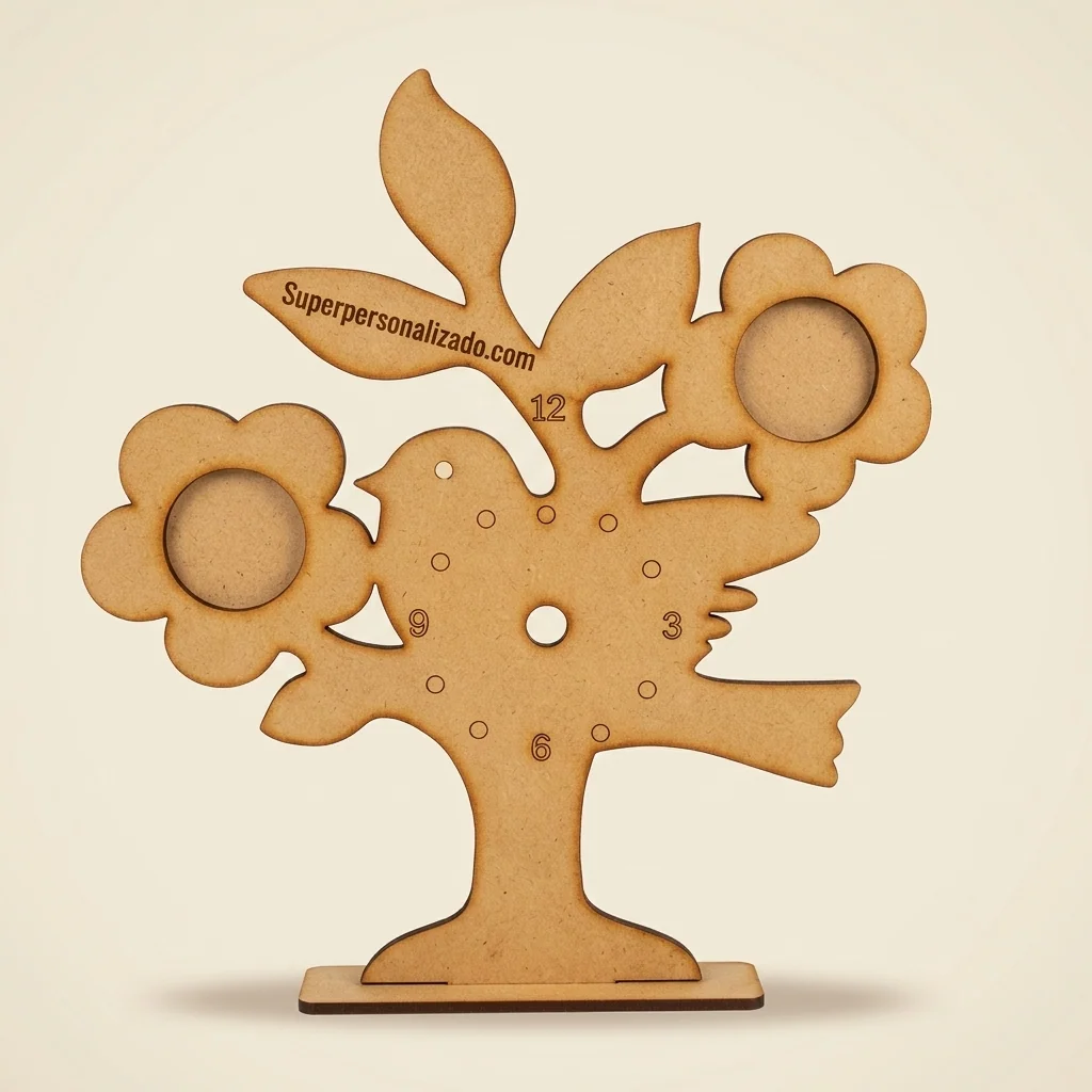 Reloj de mesa árbol con dos portarretratos y ave