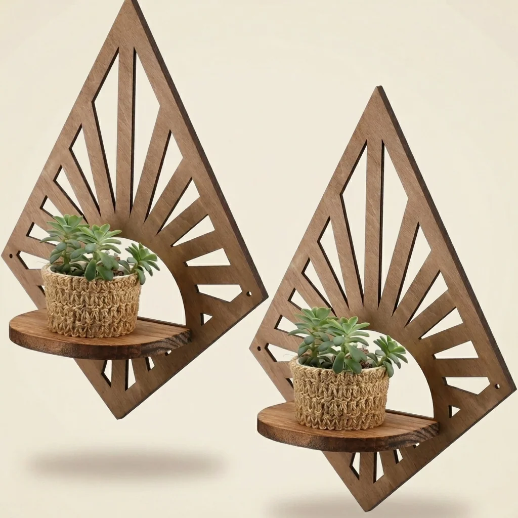 Set de dos repisas boho triangulares con rayos calados