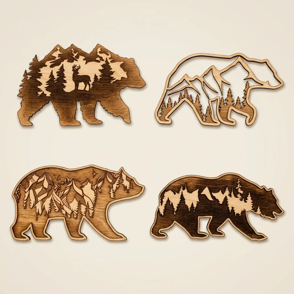 Set de cuatro osos con paisaje de bosque grabado en madera