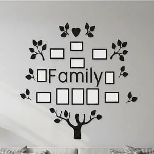 Árbol genealógico de pared con la palabra Family y nueve marcos